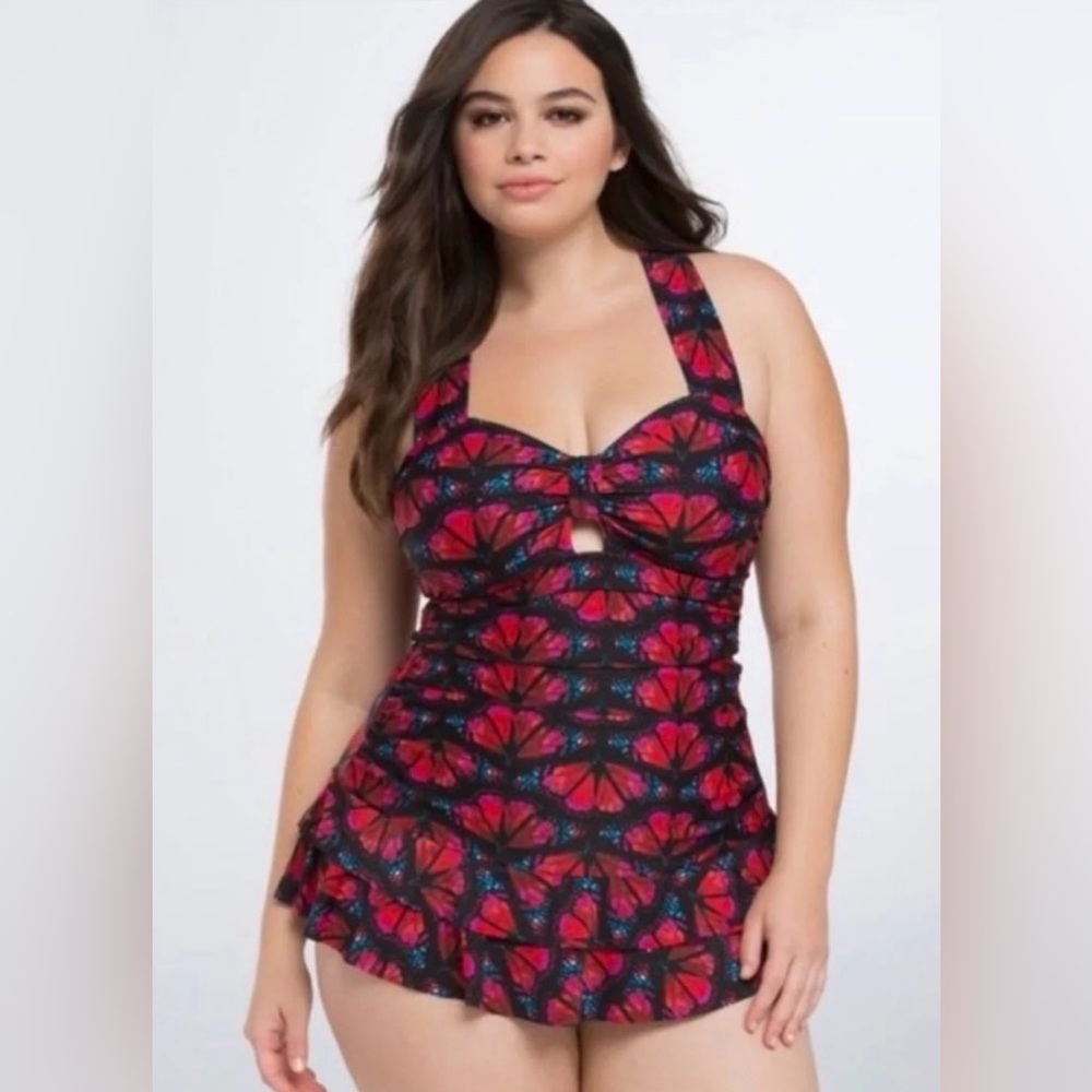 torrid Black Swim One-Piece with Fuchsia and Red Butterfly Print